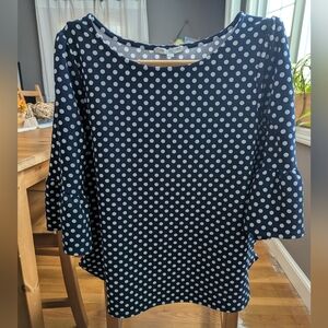 Green Envelope Navy Polka Dot Top